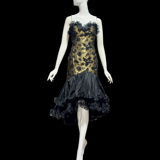 DAVID FIELDEN vintage 1980s evening dress, Party Dress, Black and Bronze All Silk Hi Low Ruffle dress