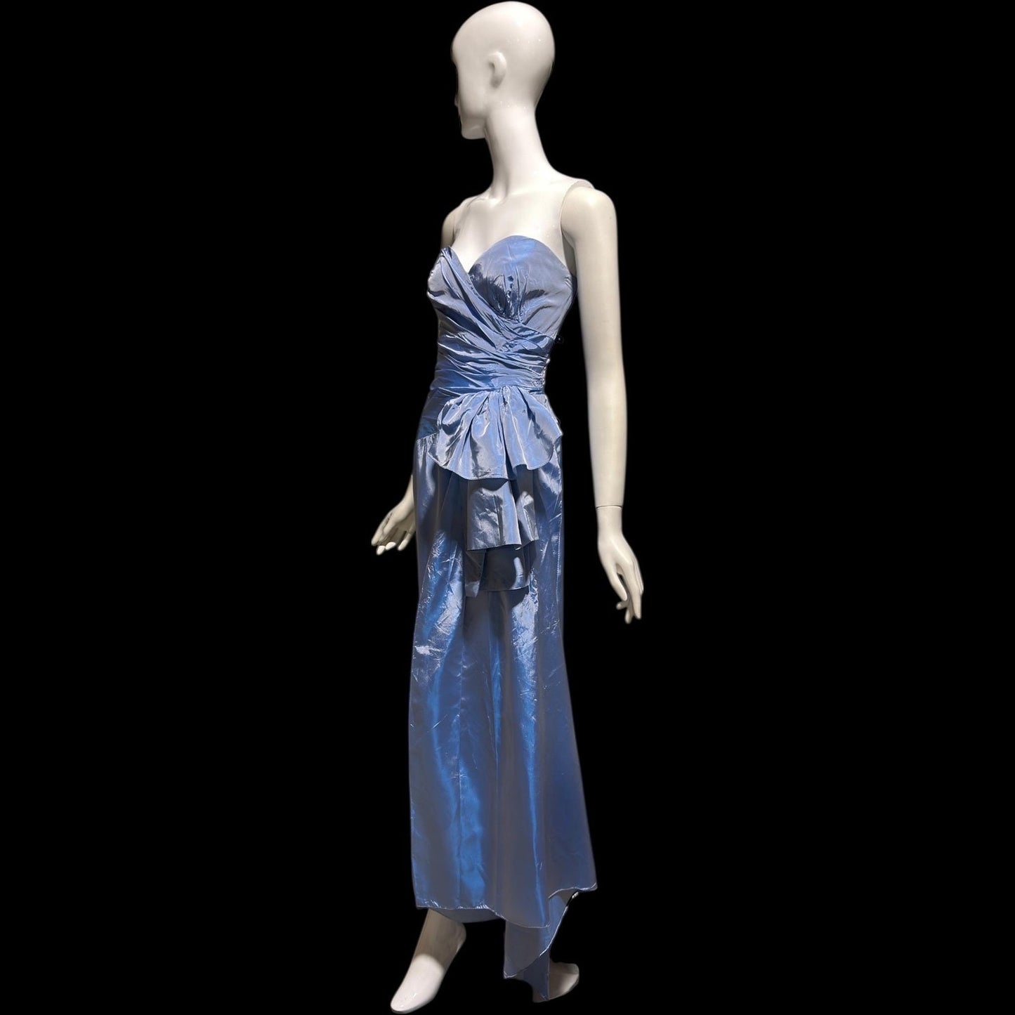 1980s vintage evening dress, Iridescent blue taffeta and ruffles, strapless prom party dress, medium