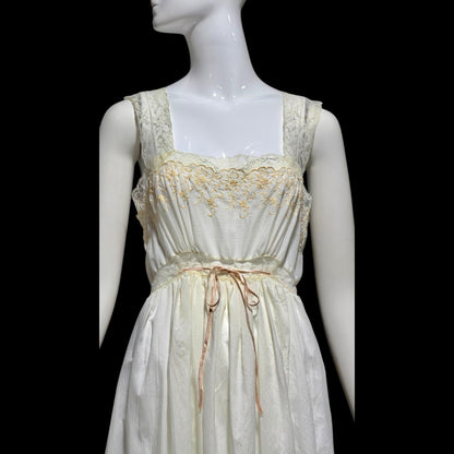 BY IRIS vintage 1940s Nightgown slip dress, Lord & Taylor embroidered white nylon lingerie dress