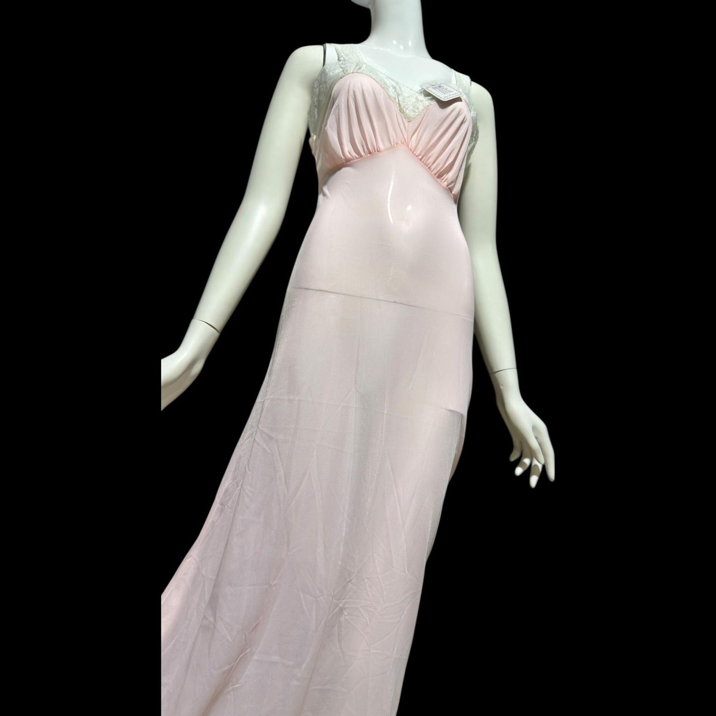 MYRA JOY vintage 1950s Nightgown Lingerie Dress, Sheer Petal pink Nylon Lace Slip Dress