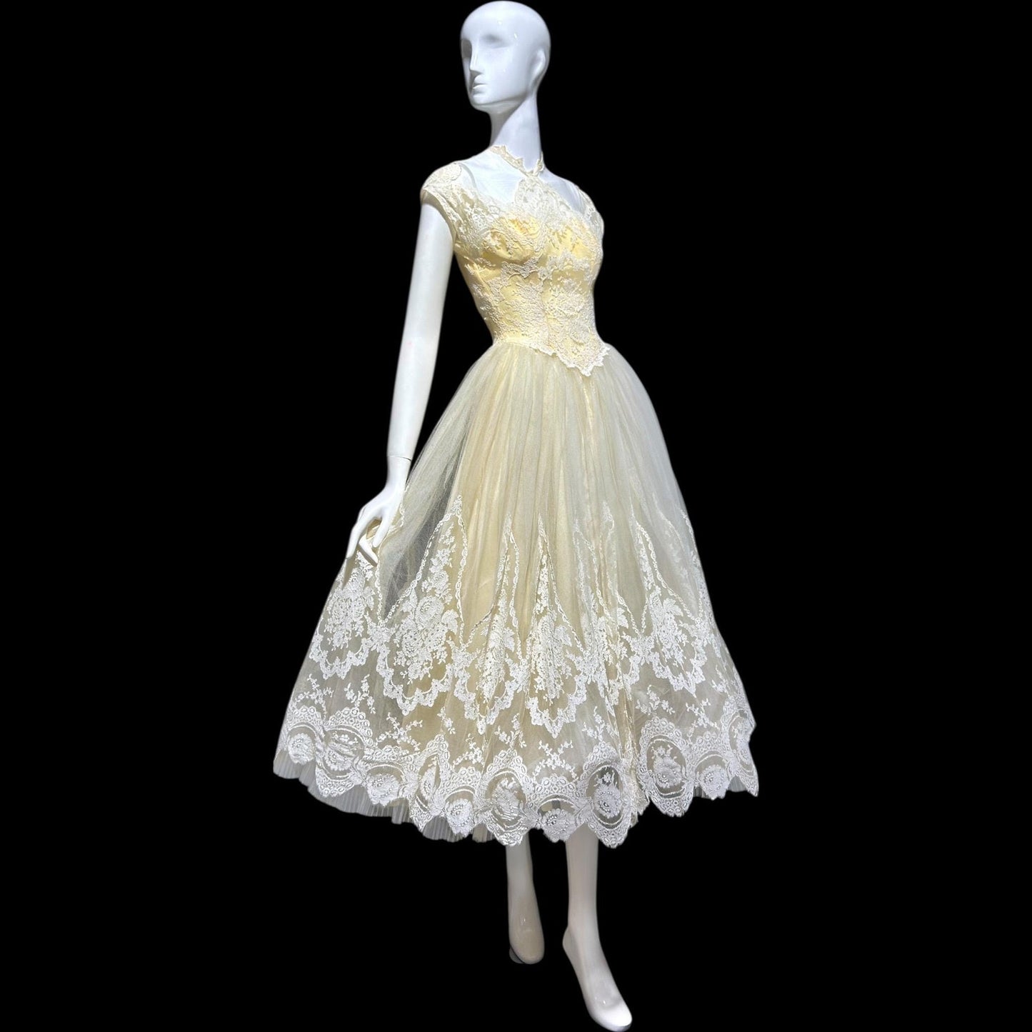 MARIE FOR PANDORA, vintage 1950s wedding dress, Lace high neck Bridal Cupcake Ball Gown