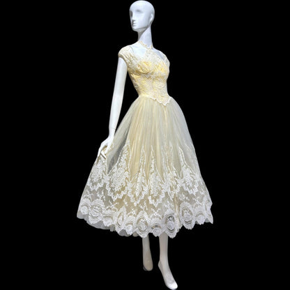 MARIE FOR PANDORA, vintage 1950s wedding dress, Lace high neck Bridal Cupcake Ball Gown