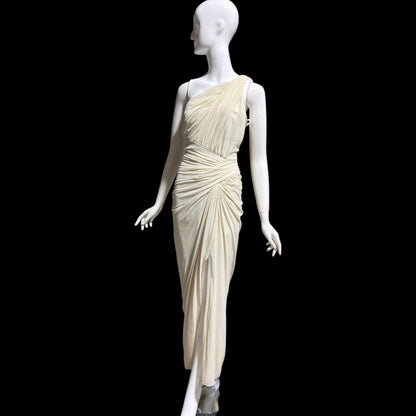 TADASHI Vintage evening dress gown, 1980s Grecian bodycon white ruched gown