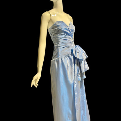 1980s vintage evening dress, Iridescent blue taffeta and ruffles, strapless prom party dress, medium