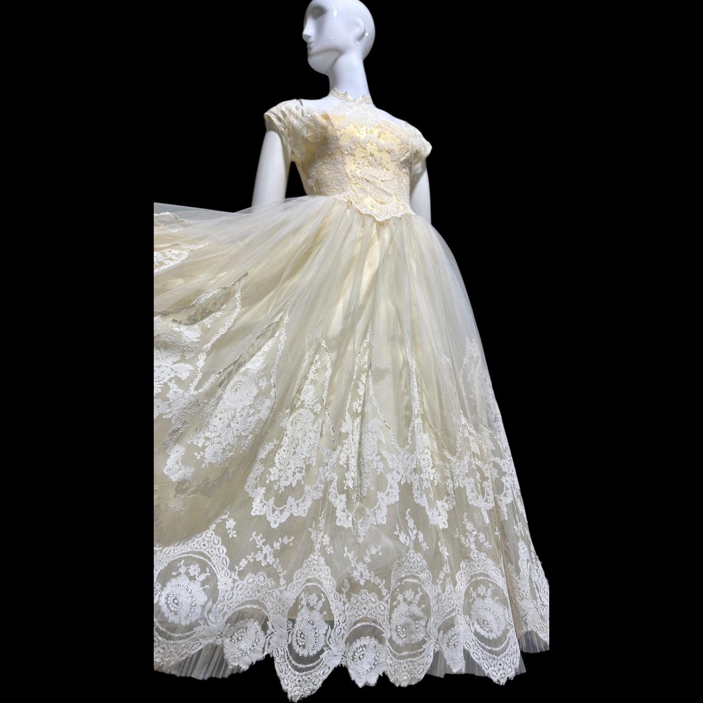 MARIE FOR PANDORA, vintage 1950s wedding dress, Lace high neck Bridal Cupcake Ball Gown
