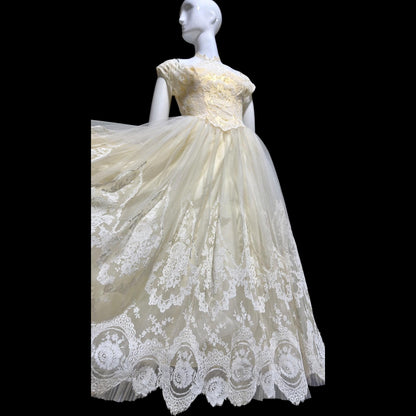 MARIE FOR PANDORA, vintage 1950s wedding dress, Lace high neck Bridal Cupcake Ball Gown