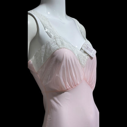 MYRA JOY vintage 1950s Nightgown Lingerie Dress, Sheer Petal pink Nylon Lace Slip Dress