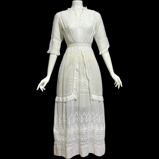 1900s Antique Victorian wedding dress, vintage white batiste cotton gown, Edwardian bride