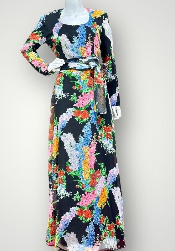 RAZOOK'S vintage evening dress, poly chiffon floral maxi dress