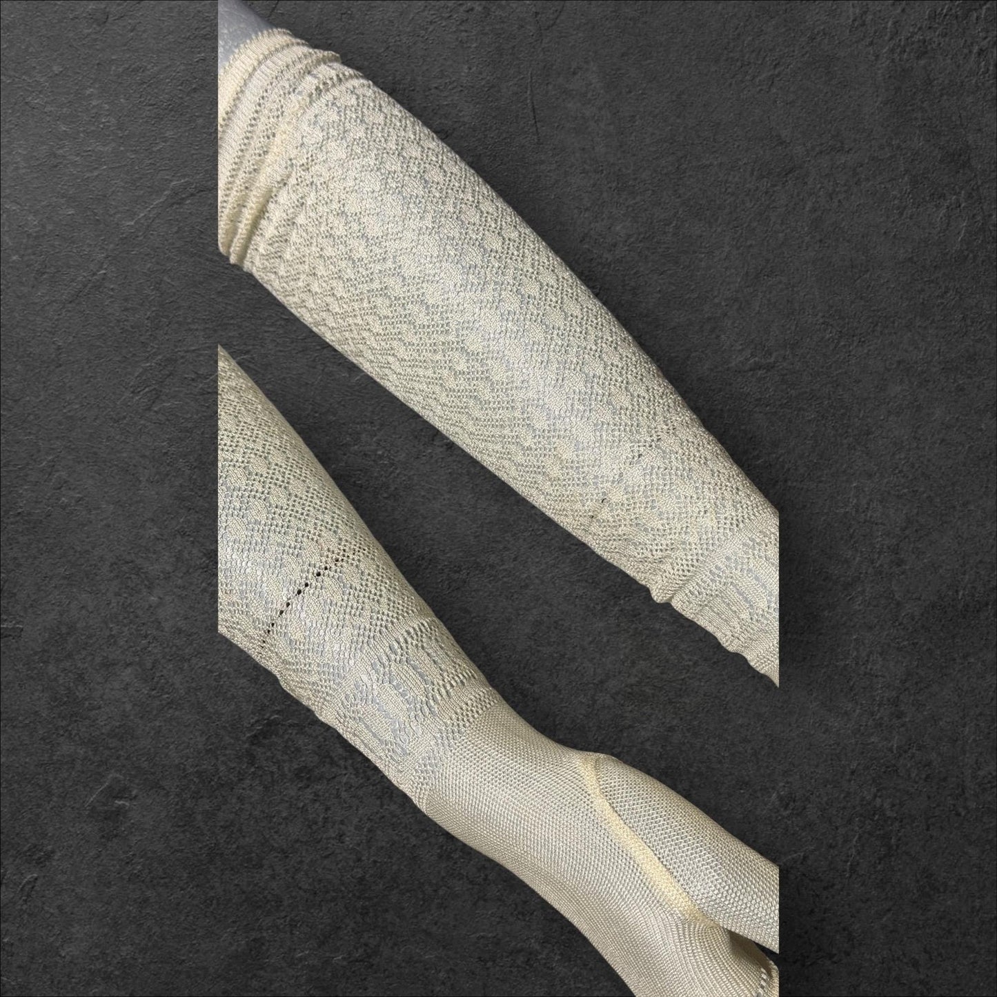 1930s vintage lace opera gloves, fingerless ivory crochet elbow length evening wedding bridal gloves