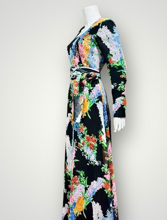 RAZOOK'S vintage evening dress, poly chiffon floral maxi dress