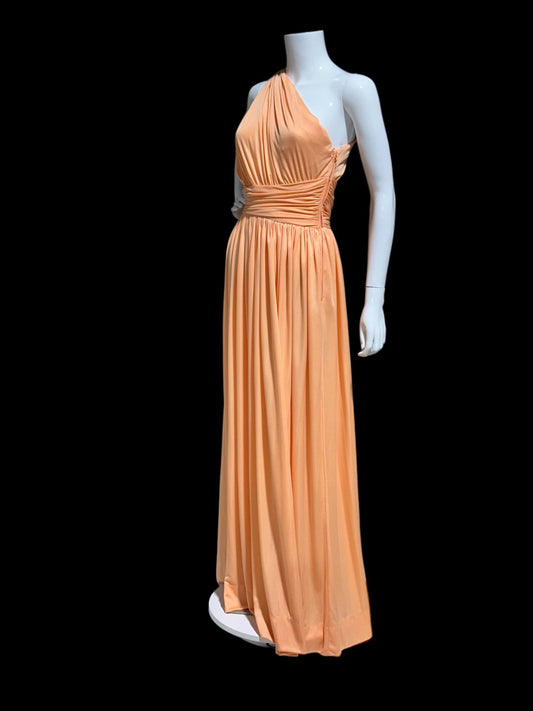 OLE BORDEN for Lillie Rubin, 1970s evening gown, peach one shoulder draped pleated grecian toga goddess gown, 34 bust