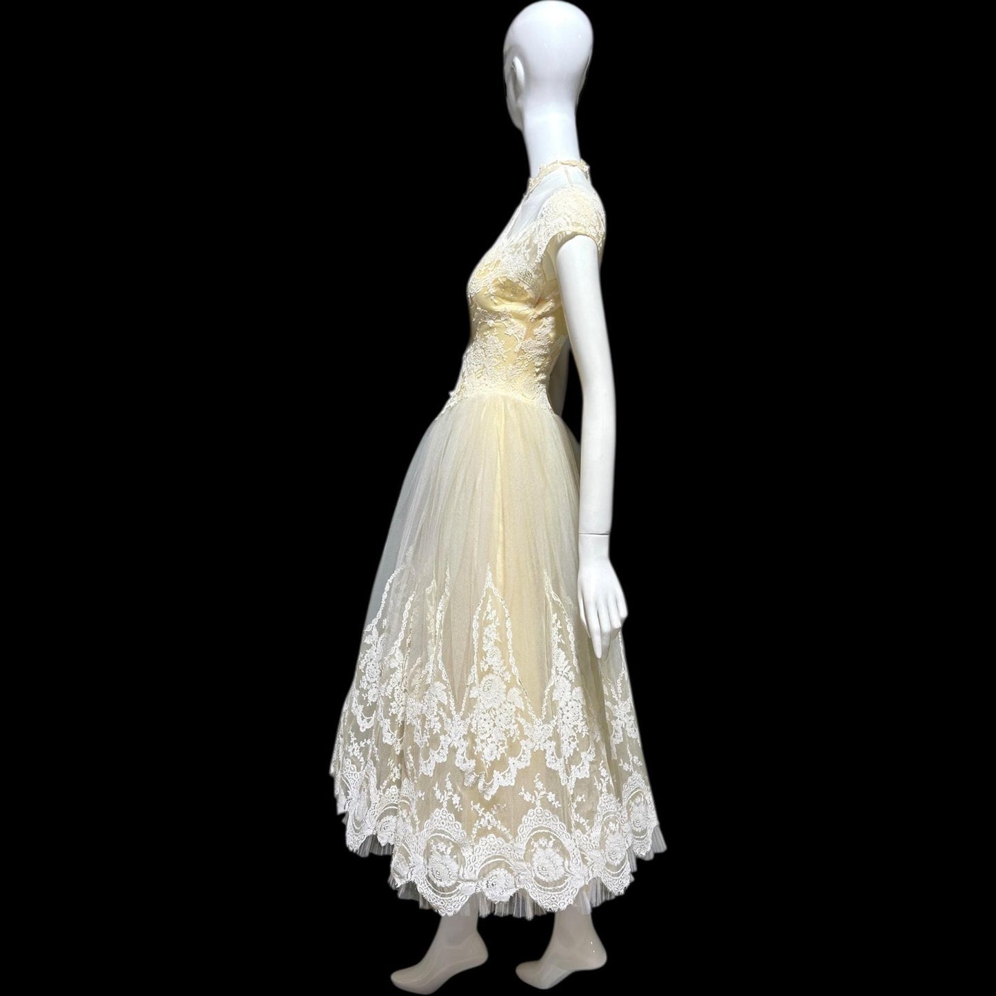MARIE FOR PANDORA, vintage 1950s wedding dress, Lace high neck Bridal Cupcake Ball Gown