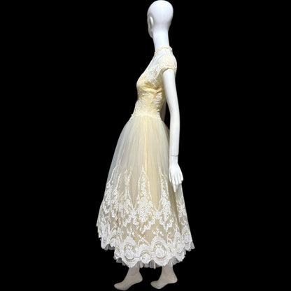 MARIE FOR PANDORA, vintage 1950s wedding dress, Lace high neck Bridal Cupcake Ball Gown