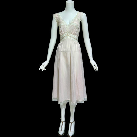 FISCHER HEAVENLY LINGERIE, vintage 1950s nightgown slip dress, ethereal soft pink and white lace