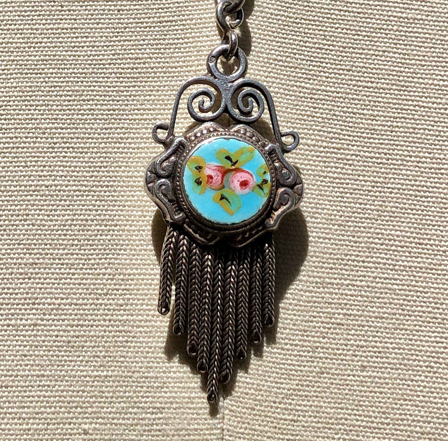 1930s Vintage Chatelaine necklace, Silver with painted roses, double sided pendant, fringe and filigree