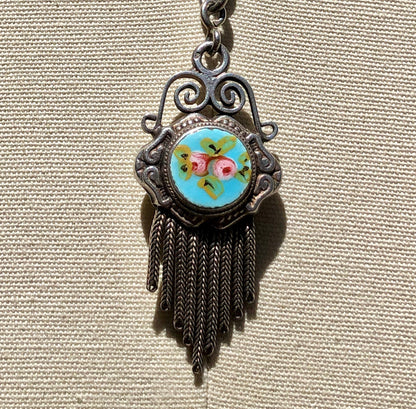 1930s Vintage Chatelaine necklace, Silver with painted roses, double sided pendant, fringe and filigree