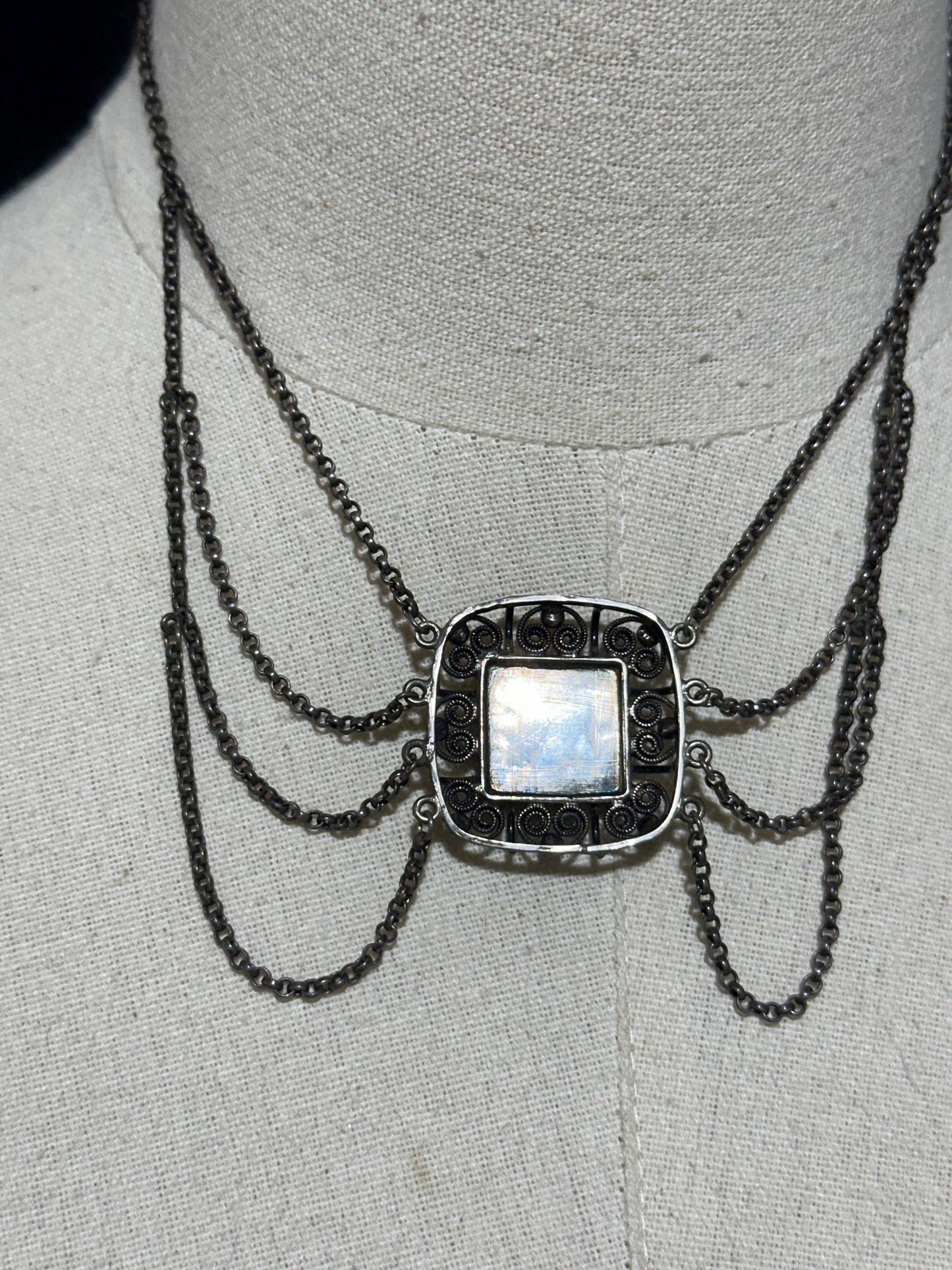 1900s Antique Vintage Bohemian Garnet Necklace, Silver Filigree Festooned Spider Web draped necklace