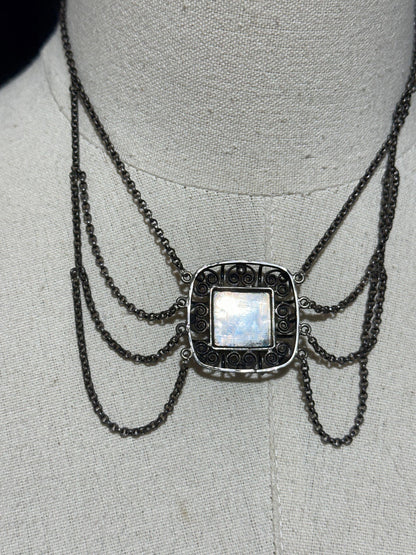 1900s Antique Vintage Bohemian Garnet Necklace, Silver Filigree Festooned Spider Web draped necklace