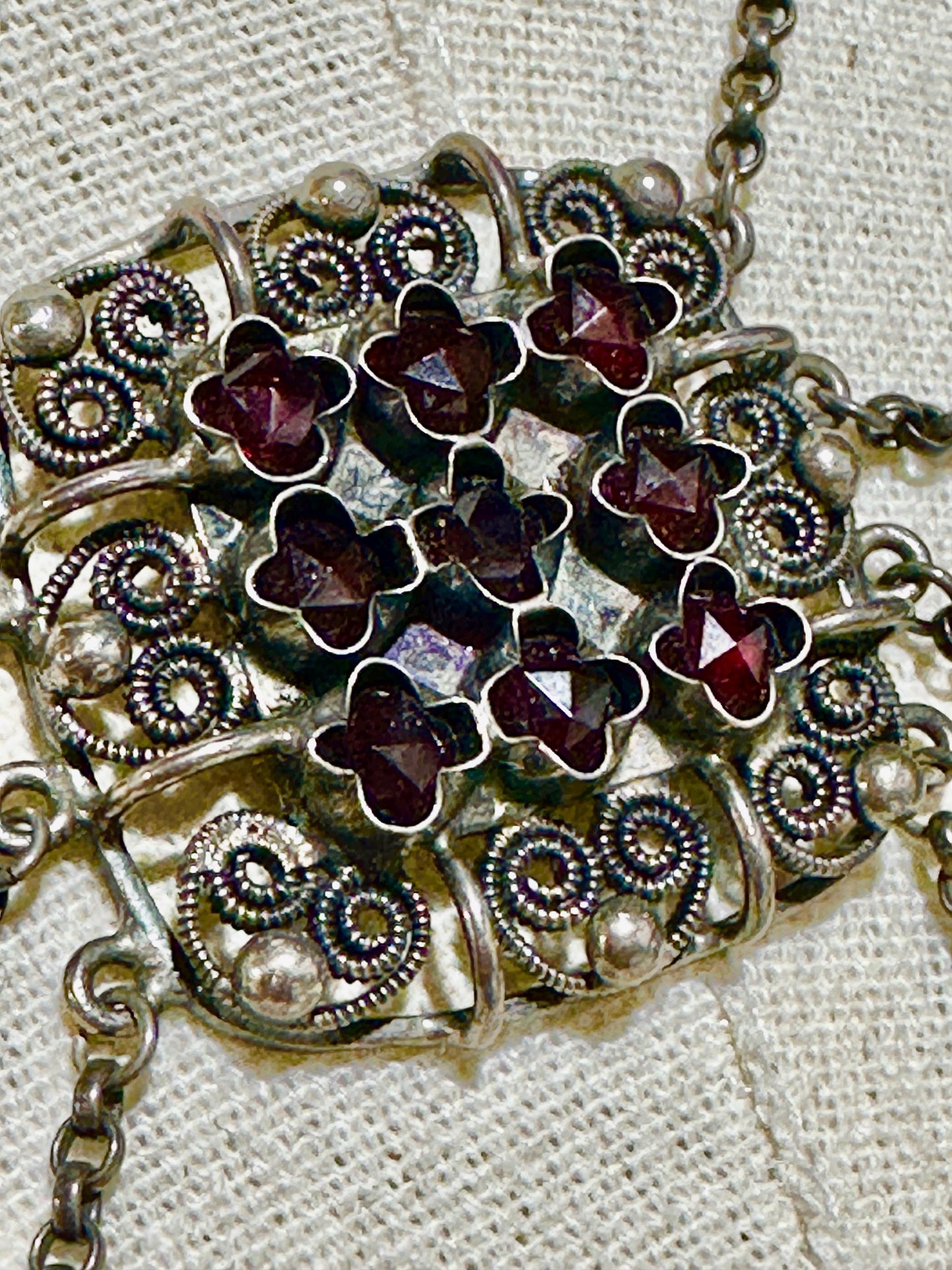 1900s Antique Vintage Bohemian Garnet Necklace, Silver Filigree Festooned Spider Web draped necklace