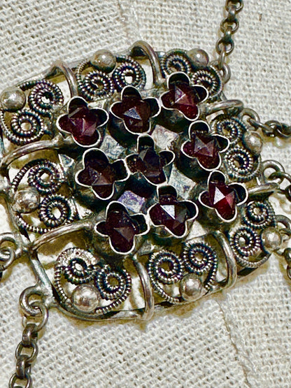 1900s Antique Vintage Bohemian Garnet Necklace, Silver Filigree Festooned Spider Web draped necklace