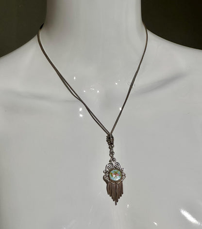1930s Vintage Chatelaine necklace, Silver with painted roses, double sided pendant, fringe and filigree