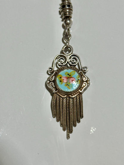 1930s Vintage Chatelaine necklace, Silver with painted roses, double sided pendant, fringe and filigree