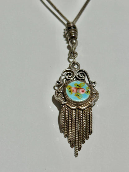 1930s Vintage Chatelaine necklace, Silver with painted roses, double sided pendant, fringe and filigree