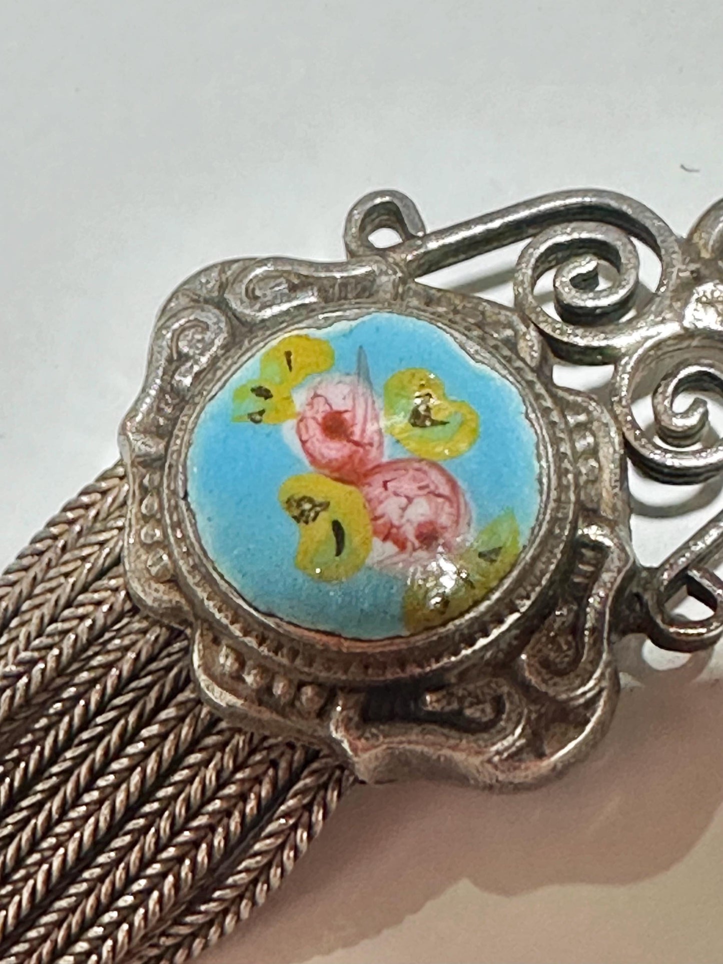 1930s Vintage Chatelaine necklace, Silver with painted roses, double sided pendant, fringe and filigree