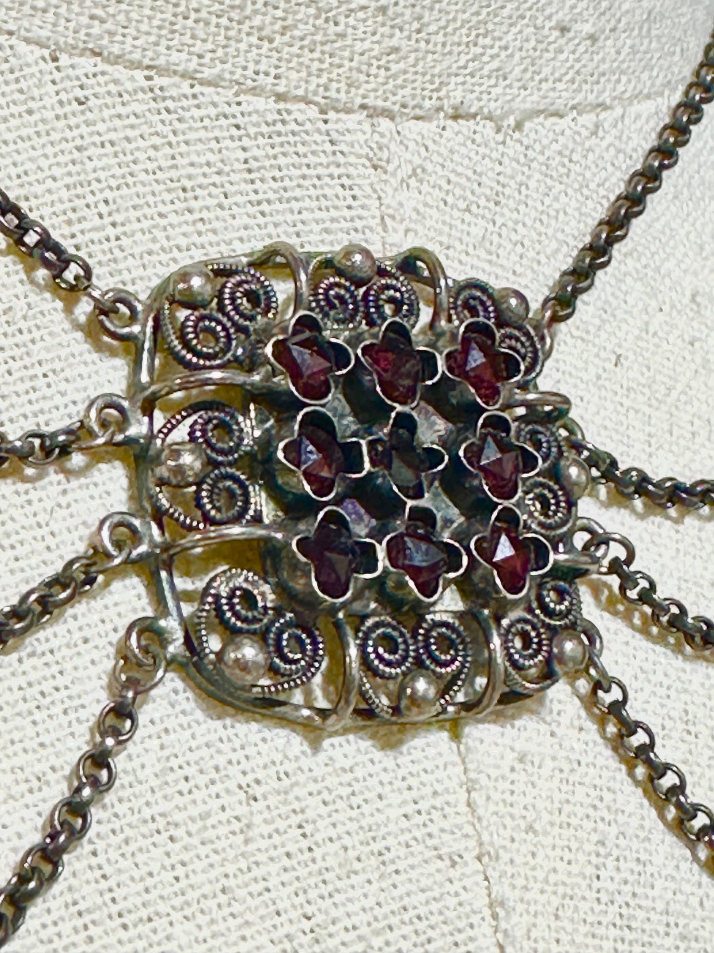 1900s Antique Vintage Bohemian Garnet Necklace, Silver Filigree Festooned Spider Web draped necklace