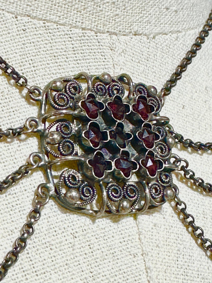 1900s Antique Vintage Bohemian Garnet Necklace, Silver Filigree Festooned Spider Web draped necklace