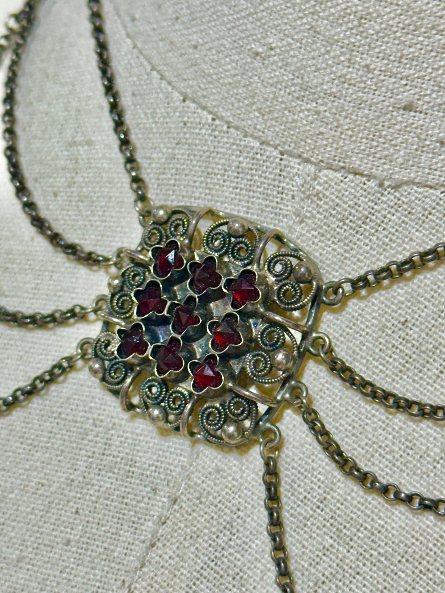 1900s Antique Vintage Bohemian Garnet Necklace, Silver Filigree Festooned Spider Web draped necklace