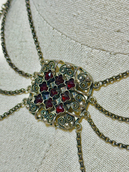 1900s Antique Vintage Bohemian Garnet Necklace, Silver Filigree Festooned Spider Web draped necklace