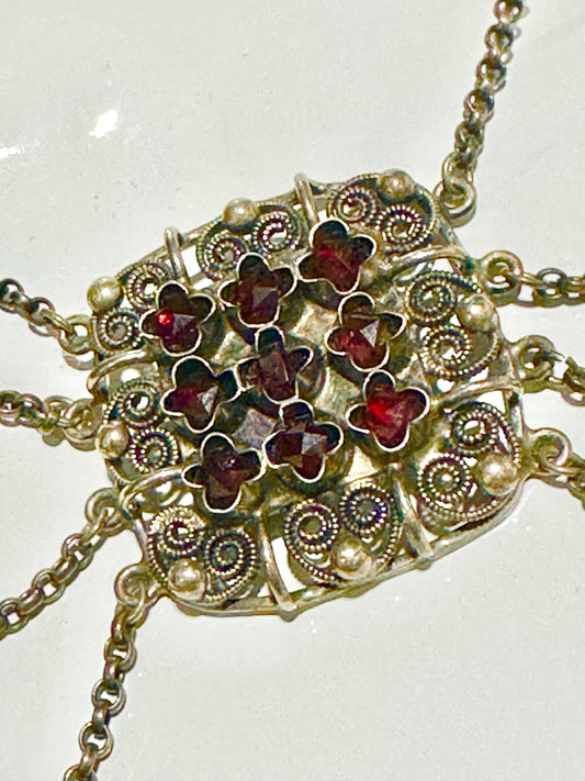 1900s Antique Vintage Bohemian Garnet Necklace, Silver Filigree Festooned Spider Web draped necklace