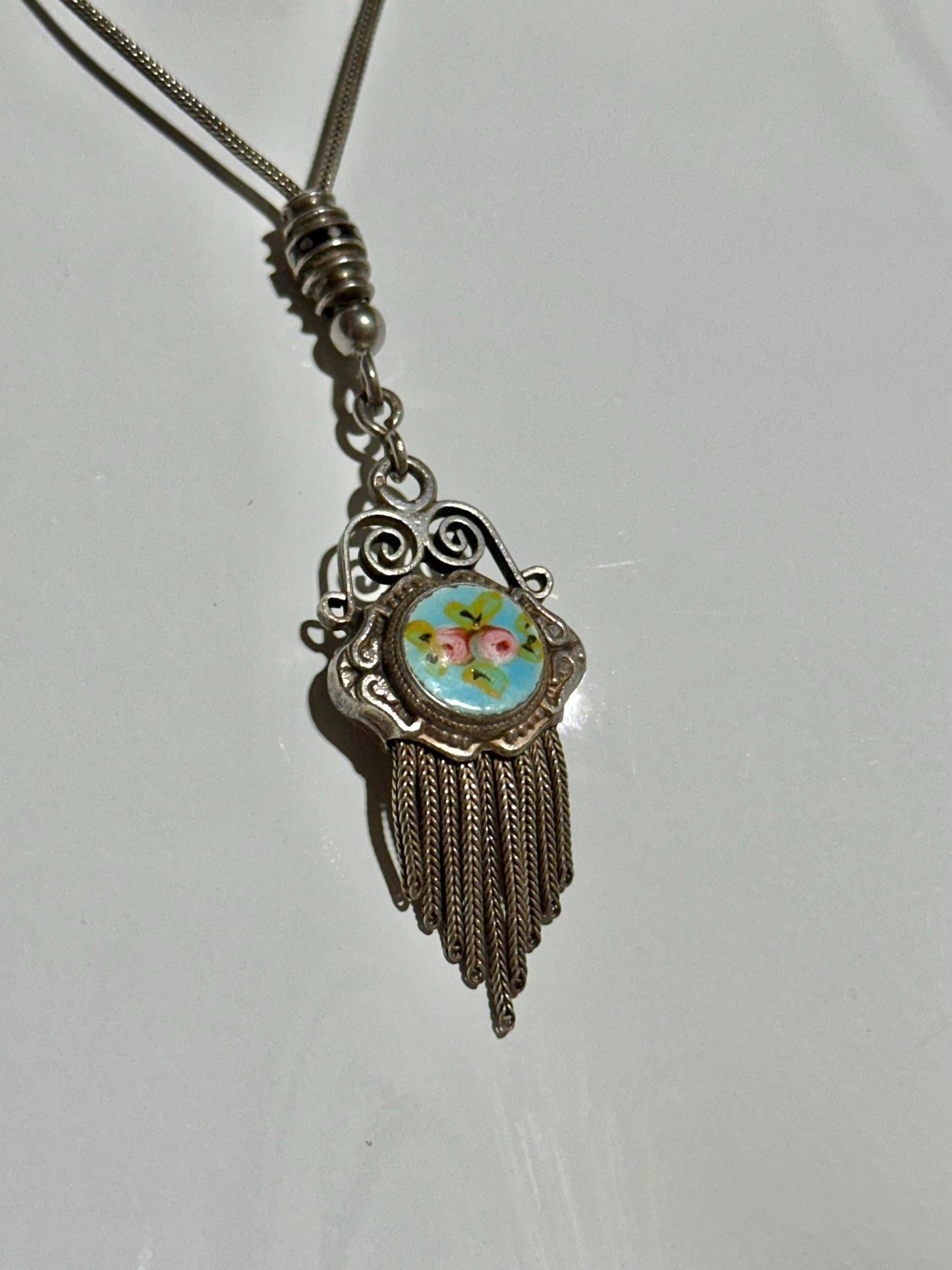1930s Vintage Chatelaine necklace, Silver with painted roses, double sided pendant, fringe and filigree
