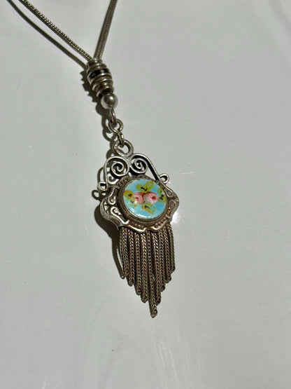 1930s Vintage Chatelaine necklace, Silver with painted roses, double sided pendant, fringe and filigree