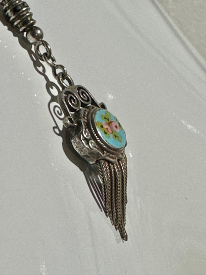 1930s Vintage Chatelaine necklace, Silver with painted roses, double sided pendant, fringe and filigree