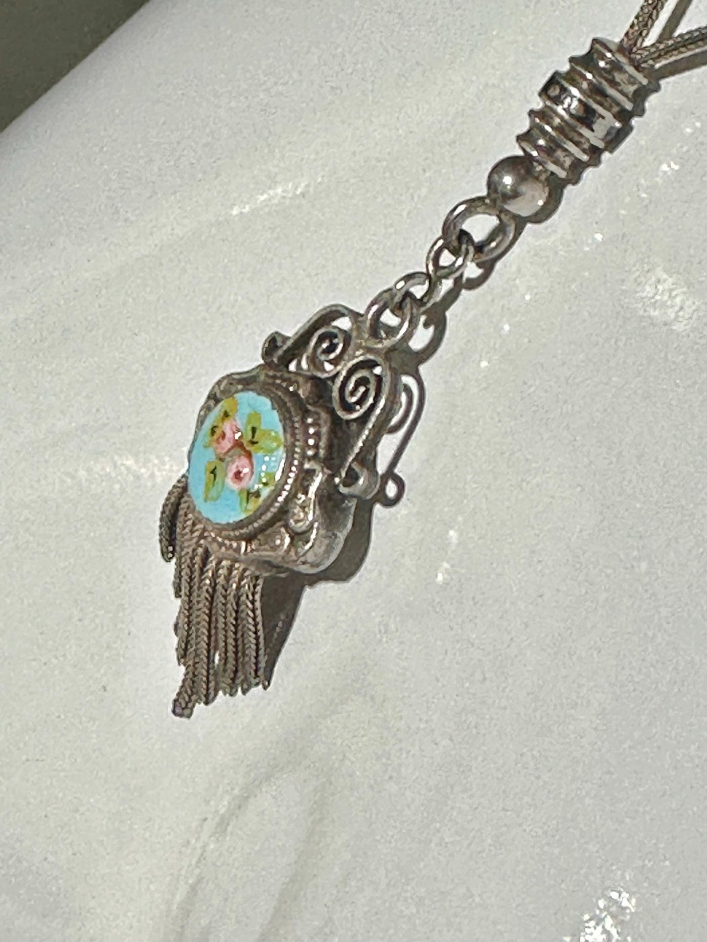1930s Vintage Chatelaine necklace, Silver with painted roses, double sided pendant, fringe and filigree