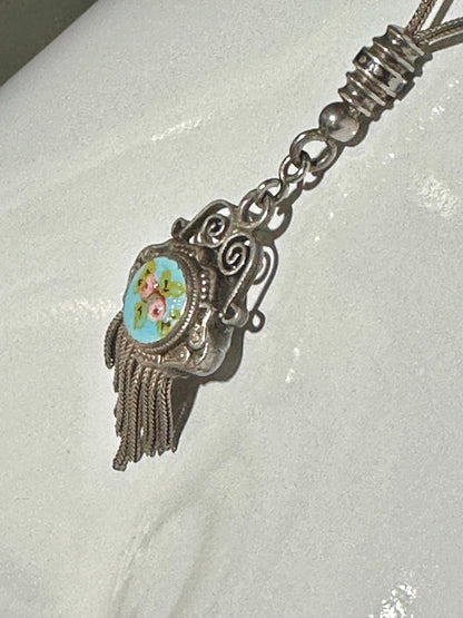 1930s Vintage Chatelaine necklace, Silver with painted roses, double sided pendant, fringe and filigree