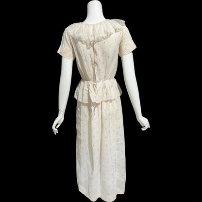 1930s vintage Cotton Day Dress, Ruffle Collar Peplum Batiste Casual Dress
