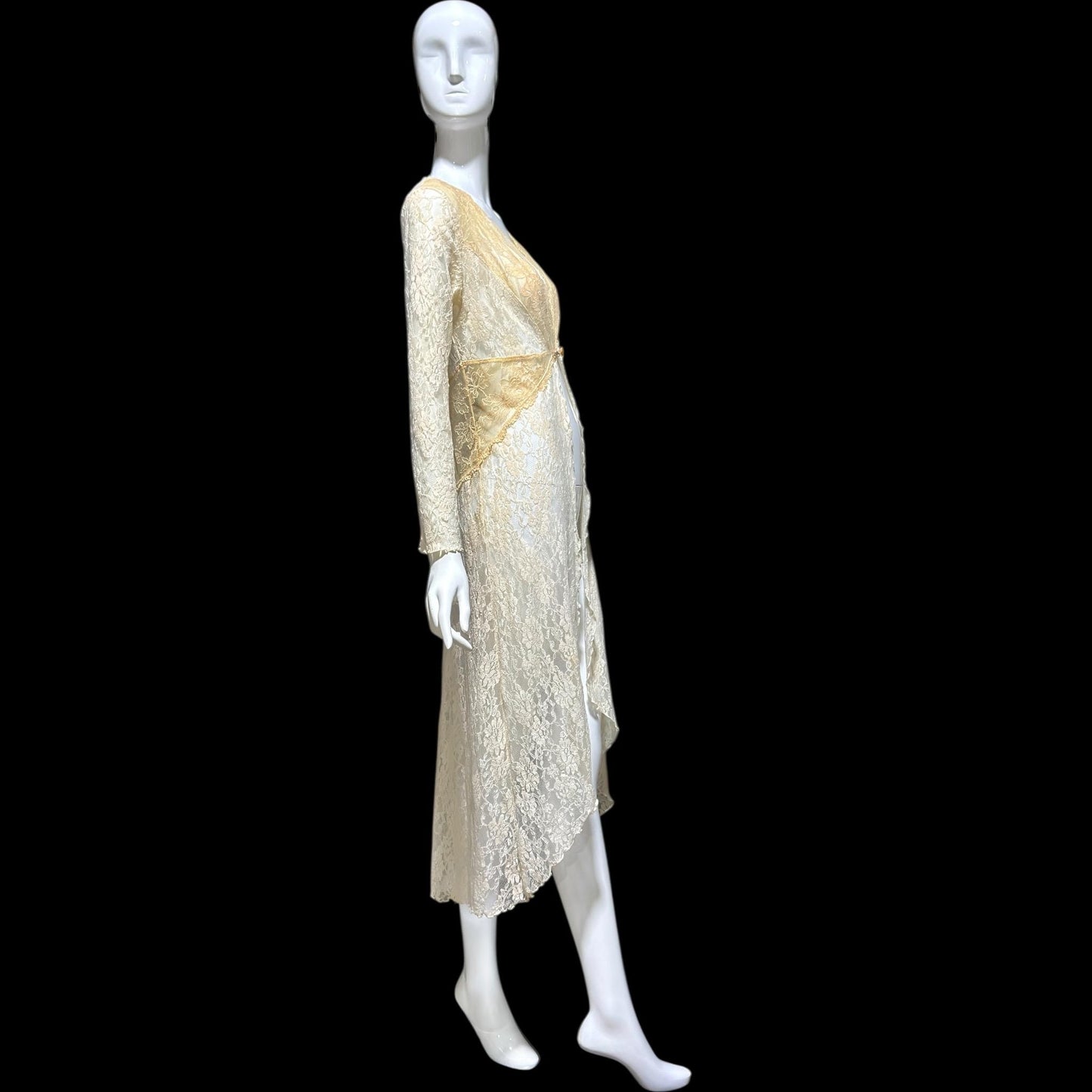 CLAIRE PETTIBONE, vintage wedding coat robe, sheer nylon lace high low dressing gown