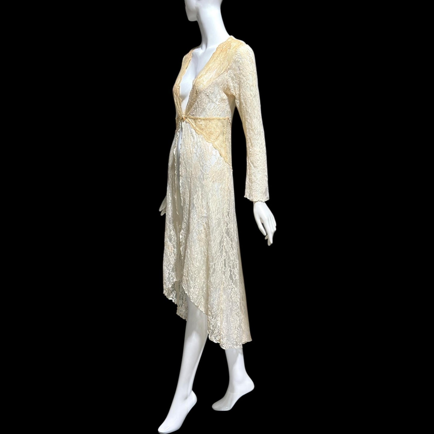 CLAIRE PETTIBONE, vintage wedding coat robe, sheer nylon lace high low dressing gown