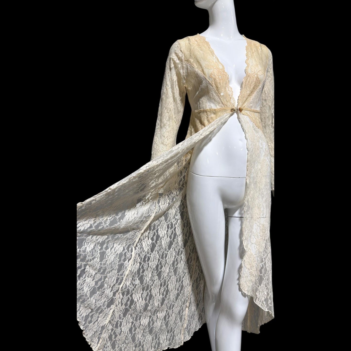 CLAIRE PETTIBONE, vintage wedding coat robe, sheer nylon lace high low dressing gown