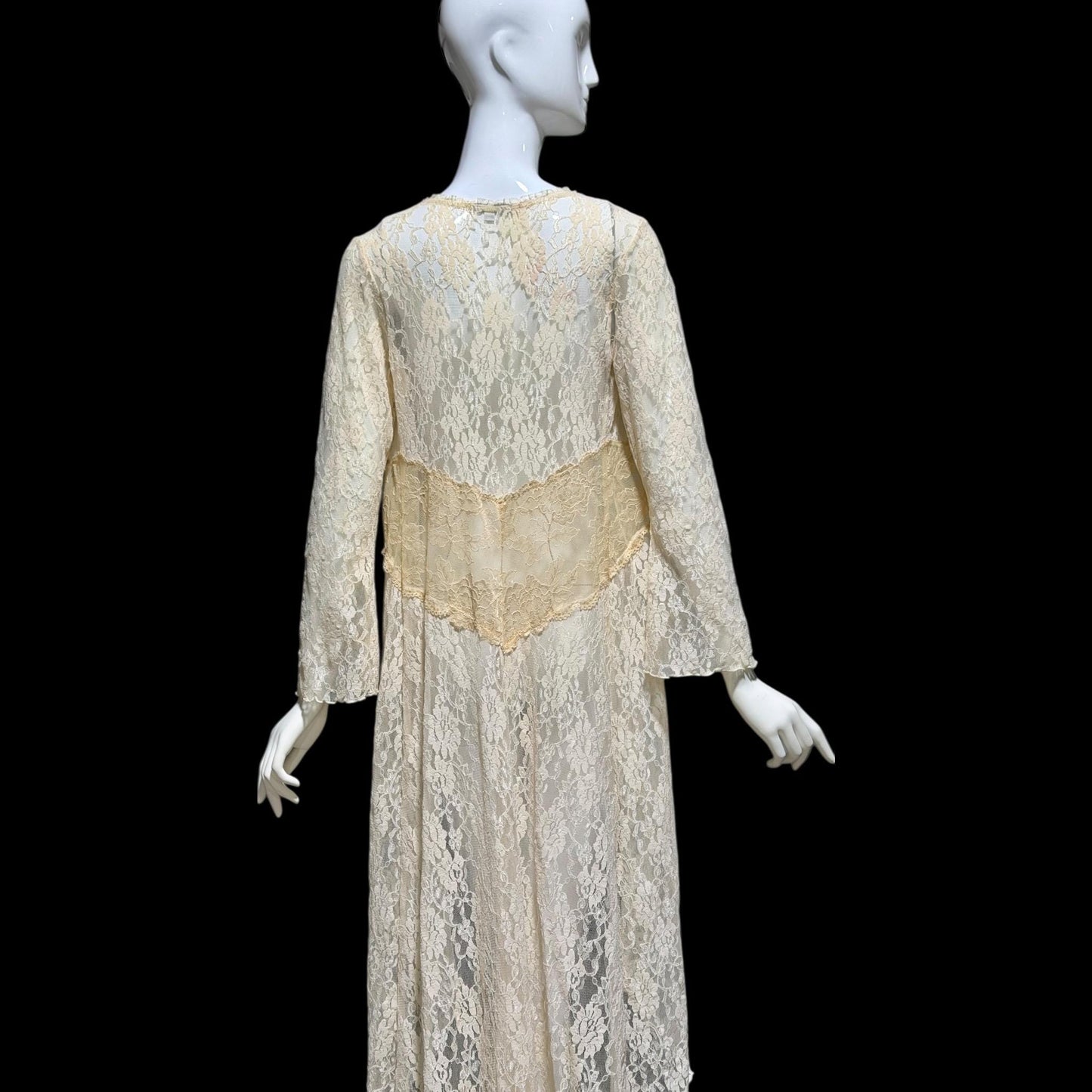 CLAIRE PETTIBONE, vintage wedding coat robe, sheer nylon lace high low dressing gown