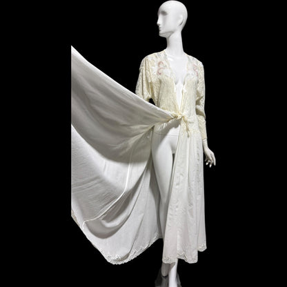 NATORI Saks, vintage dressing gown robe, 1980s Sheer white lace tie front house coat