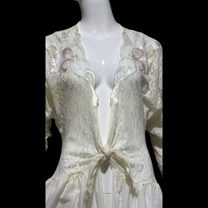 NATORI Saks, vintage dressing gown robe, 1980s Sheer white lace tie front house coat