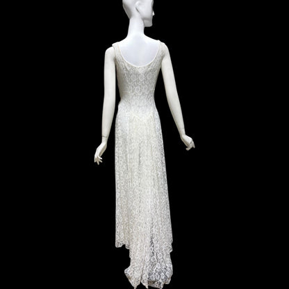 1940s vintage wedding bridal dress, white see through lace sheath full length gown with train