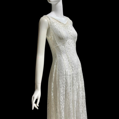 1940s vintage wedding bridal dress, white see through lace sheath full length gown with train