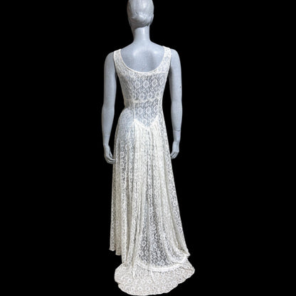 1940s vintage wedding bridal dress, white see through lace sheath full length gown with train