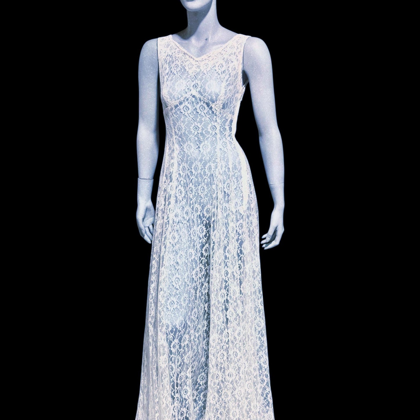 1940s vintage wedding bridal dress, white see through lace sheath full length gown with train